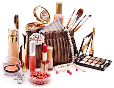 Cosmetic articles, lipstick in and around a make-up bag